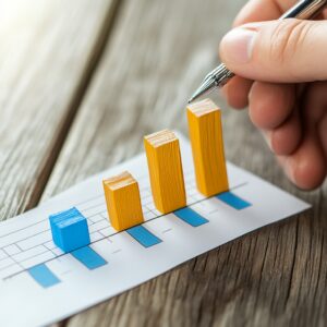 A hand holding a pen points at a 3D bar graph on paper, illustrating business growth projections for 2025. The graph features orange bars increasing in height from left to right, set on a wooden surface.