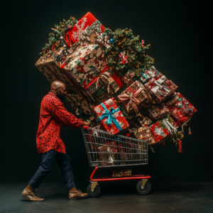 A person in a festive red sweater pushes a shopping cart overflowing with decorated Christmas gifts and a small tree, capturing December's Big Opportunity in the 2024 Holiday Retail Season.