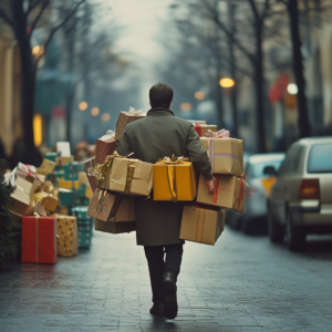 Amid the bustling holiday retail season, a person skillfully maneuvers down a street lined with packages, balancing numerous gift boxes in their arms.