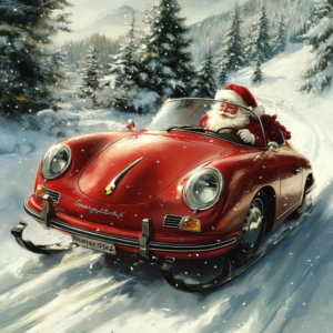 Santa cruises through a snowy forest in his red vintage Porsche, ski attachments gleaming. With the December opportunity ahead, he’s paving the way for a magical 2024 holiday retail season.