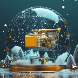 A shopping cart with gifts inside a snow globe, surrounded by snow and small pine trees, captures the essence of December’s big opportunity.