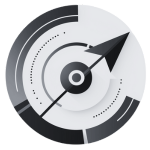 A monochrome compass illustration features black and white geometric patterns, with a central black arrow pointing upward, reminiscent of the precision found in CallonDoc's streamlined medical solutions.