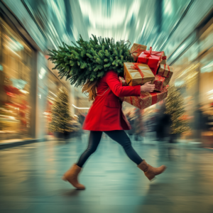 Amid the festive decorations, a person in a red coat hurriedly navigates the mall during December's big opportunity, clutching a Christmas tree and several wrapped gifts.