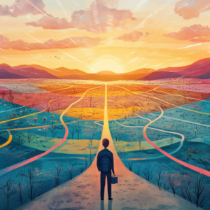 A person with a backpack stands on a path, gazing at a vibrant sunset over a sprawling landscape with multiple pathways and colorful fields, envisioning the journey of smarter marketing in 2025.