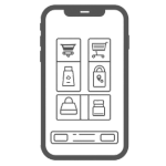 Line drawing of a smartphone displaying a grid of six icons, including a shopping cart, forklift, lock, and the CallonDoc app.