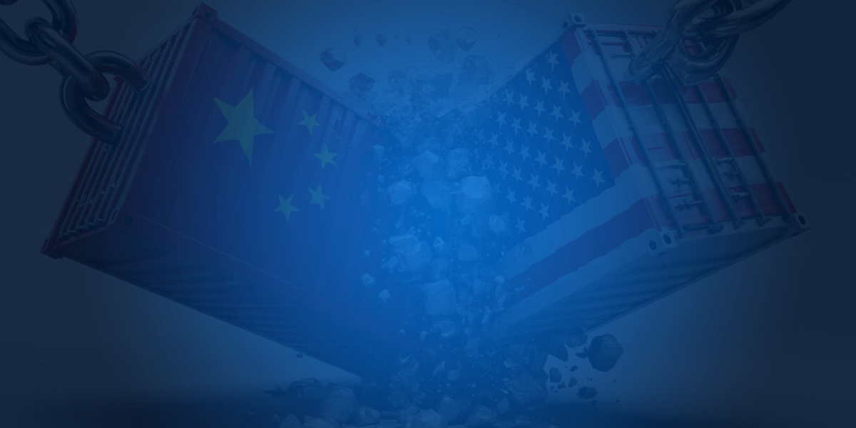 American flag and financial charts displayed in blue tones representing business and economic data.