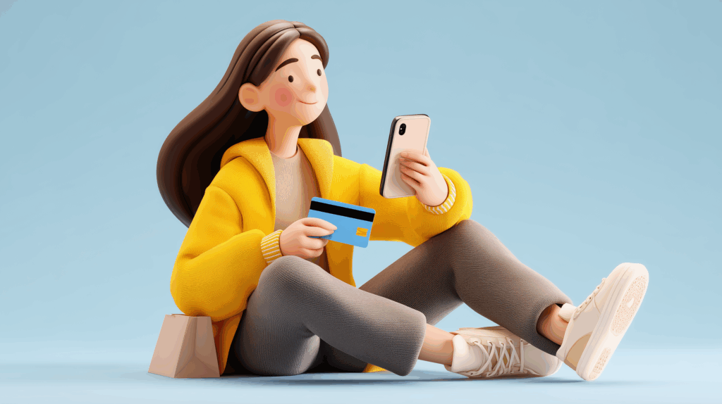 pterossauro Happy person sitting credit card and smartphone unb 0c8a3286 9d47 42a7 b030 3f680202b6df