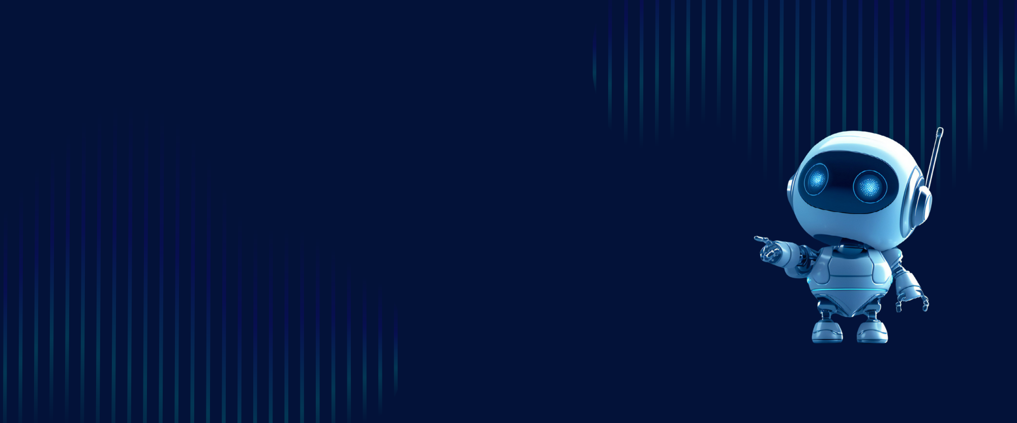 Small white robot with glowing blue eyes and headset stands against a dark blue digital background with vertical data lines.