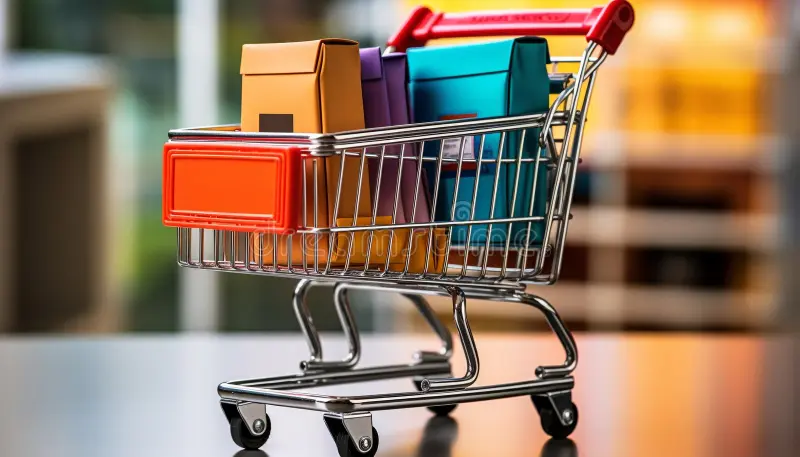 A small shopping cart on a table holds several colorful paper boxes, suggesting packaged goods or online shopping deliveries.