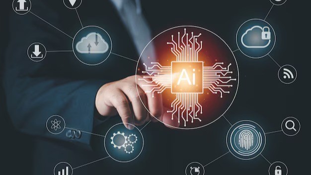 A person in a suit touches a virtual AI icon surrounded by interconnected technology and network symbols on a digital interface.