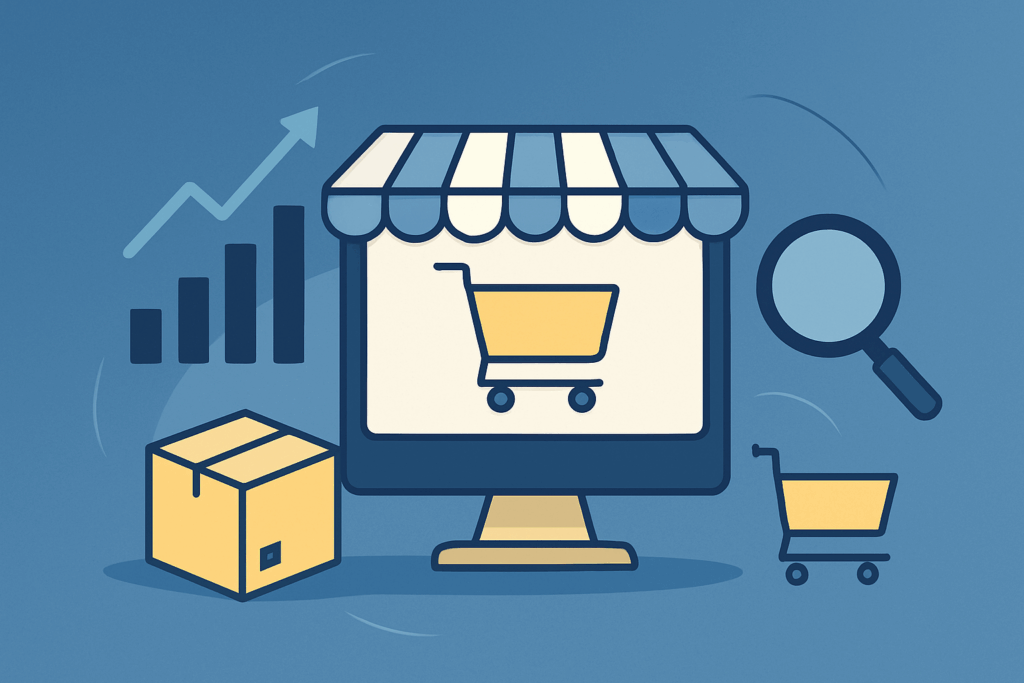 Illustration of an online store concept with a computer displaying a shopping cart, magnifying glass, bar graph, package, and small cart on a blue background—perfect for highlighting ecommerce solutions and addressing ecommerce pain points.