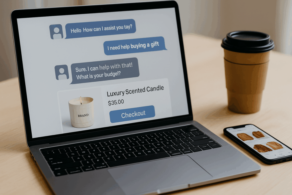 A laptop displays an online chat with an AI sales assistant suggesting a $35 luxury scented candle as a gift. A coffee cup and smartphone sit next to the laptop on the table.