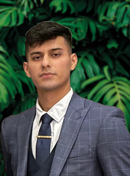 Meet The Team: A man in a gray checked suit and tie stands in front of a leafy green background, looking straight at the camera.