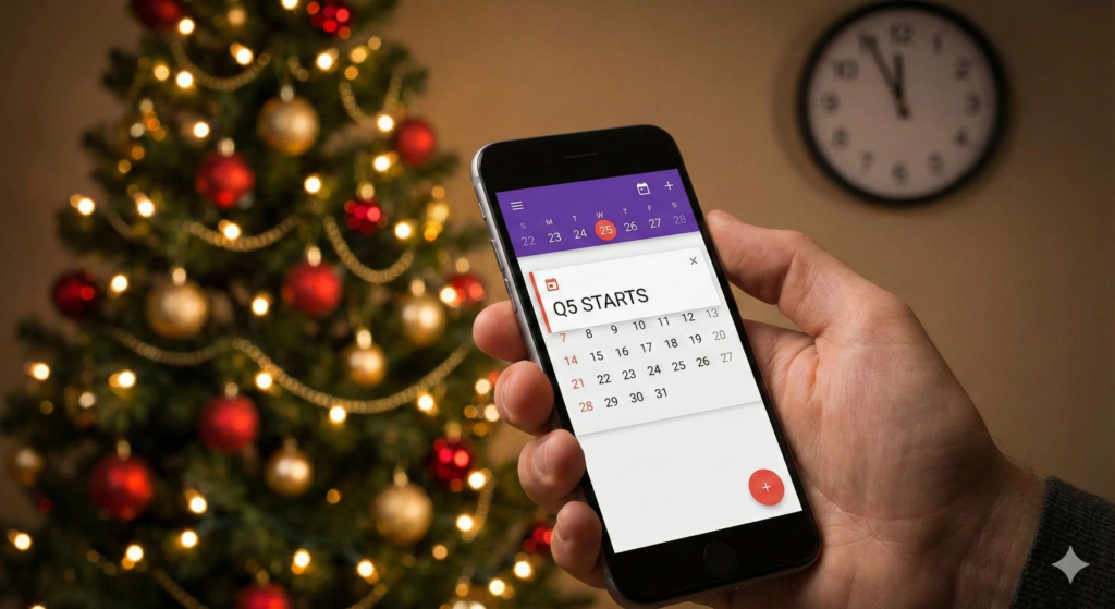 A hand holds a smartphone displaying a calendar event reading "QS STARTS"; a decorated Christmas tree and wall clock are visible in the background.