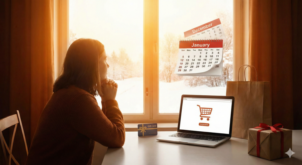 A person sits at a desk with a laptop displaying a shopping cart icon, a gift card, and a wrapped present, gazing out a high-intent window at winter scenery and a January calendar—ready to win Q5 shopping moments.