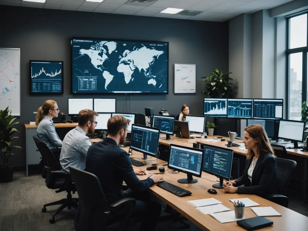 A modern office with multiple people working at desks with computers, large screens displaying world maps and data charts on the walls.
