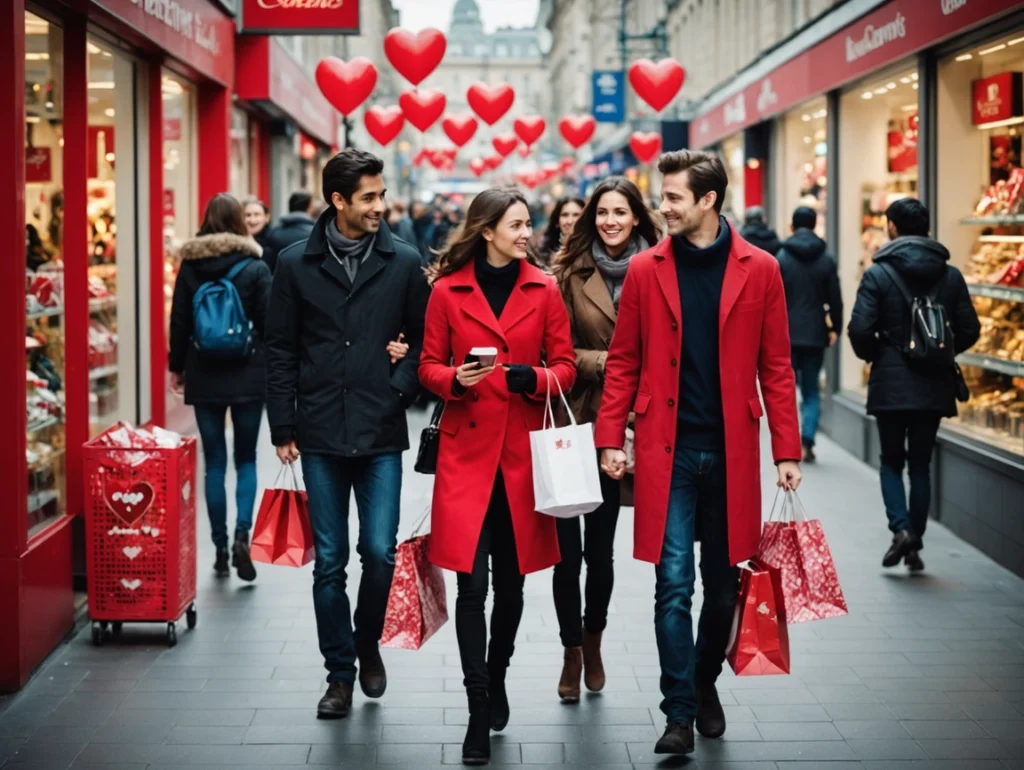 Two couples dressed in red coats stroll down a shopping street adorned with heart balloons during Valentine’s Week 2026, carrying shopping bags and reflecting the excitement of consumer buying.