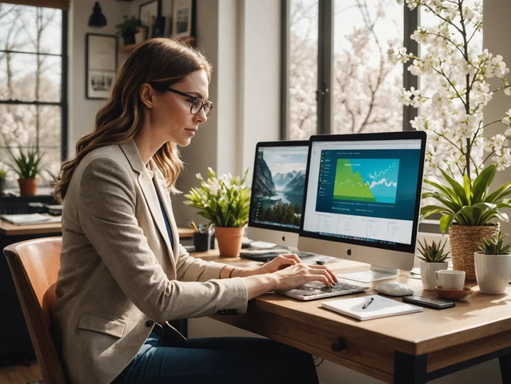 A woman sits at a desk with computers displaying financial charts and data, surrounded by potted plants in a bright, modern office space.