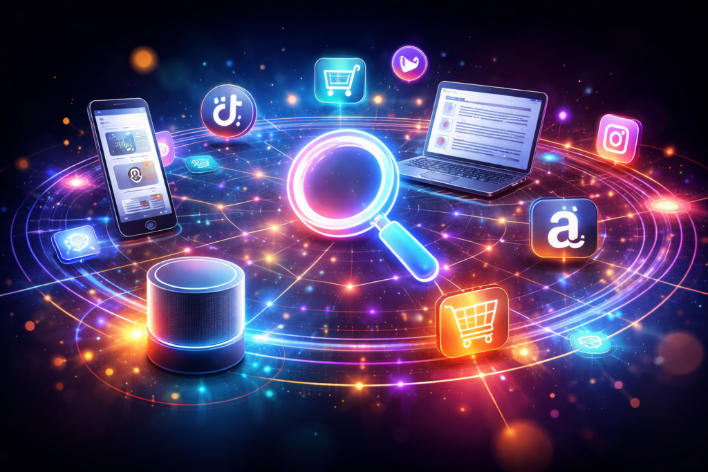 A magnifying glass surrounded by digital devices and icons for apps and online shopping, symbolizing internet search and online commerce with a glowing, interconnected network background.