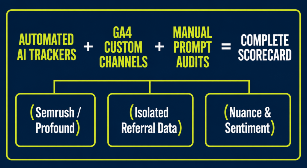 Infographic showing how automated AI trackers, GA4 custom channels, and manual prompt audits combine to create a complete scorecard with three measurement categories: Semrush/Profound, Isolated Referral Data, and Nuance & Sentiment.
