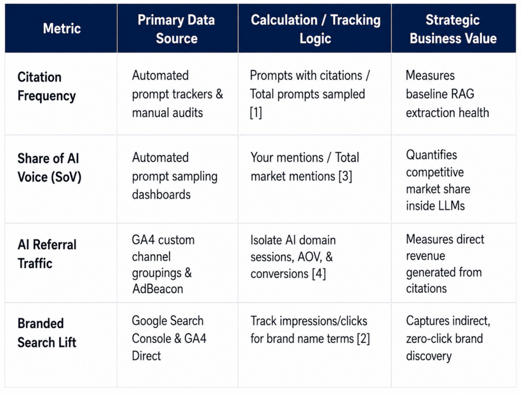 A data metrics table outlining citation frequency, AI voice share, referral traffic, and branded search performance with their respective data sources, calculation methods, and business value for tracking AI-generated content performance.