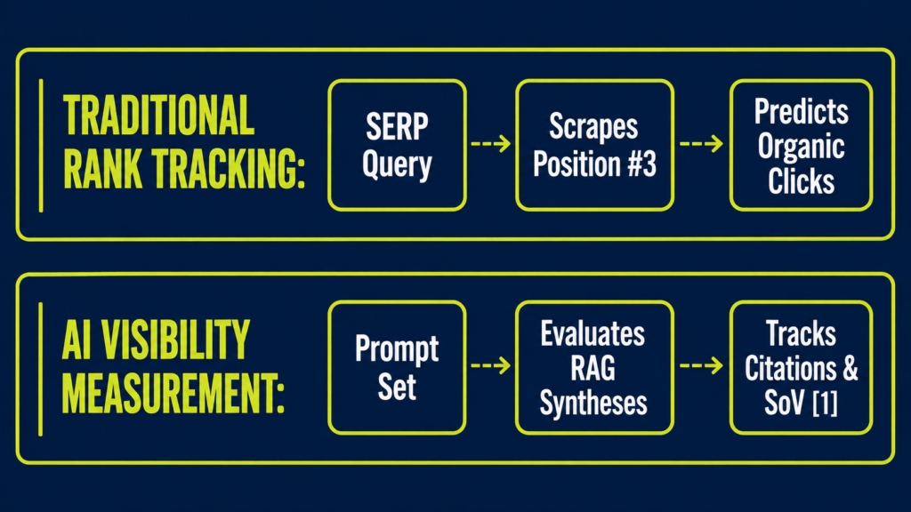 Comparison diagram showing traditional rank tracking workflow using SERP queries and position scraping versus AI visibility measurement using prompt sets and RAG synthesis evaluation.