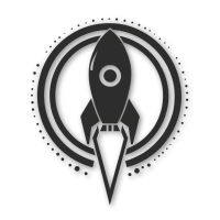 Black and white rocket icon centered within a circular design, surrounded by dotted lines, on a black background.